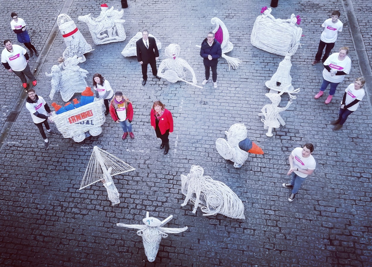 Cabinet Secretary for Culture, Fiona Hyslop, with Ariel & Sculptures